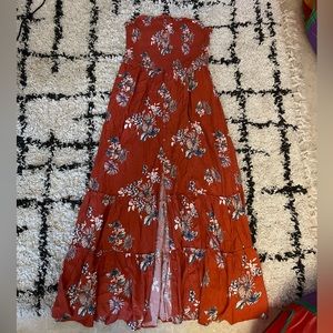 Orange floral, strapless maxi dress
